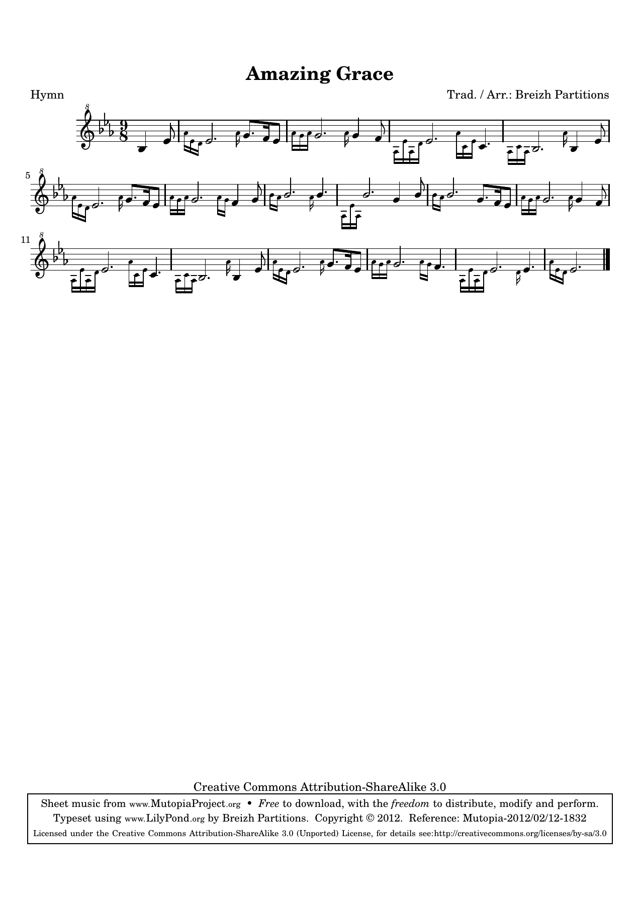 Amazing Grace의 실제 오선 악보. 편곡: Breizh Partitions.